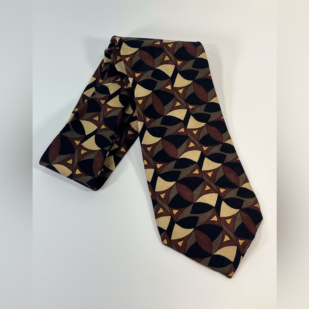 Ziggurat Mulberry Geometric Silk Repp‎ Tie Designer Brown Black Beige Neckwear